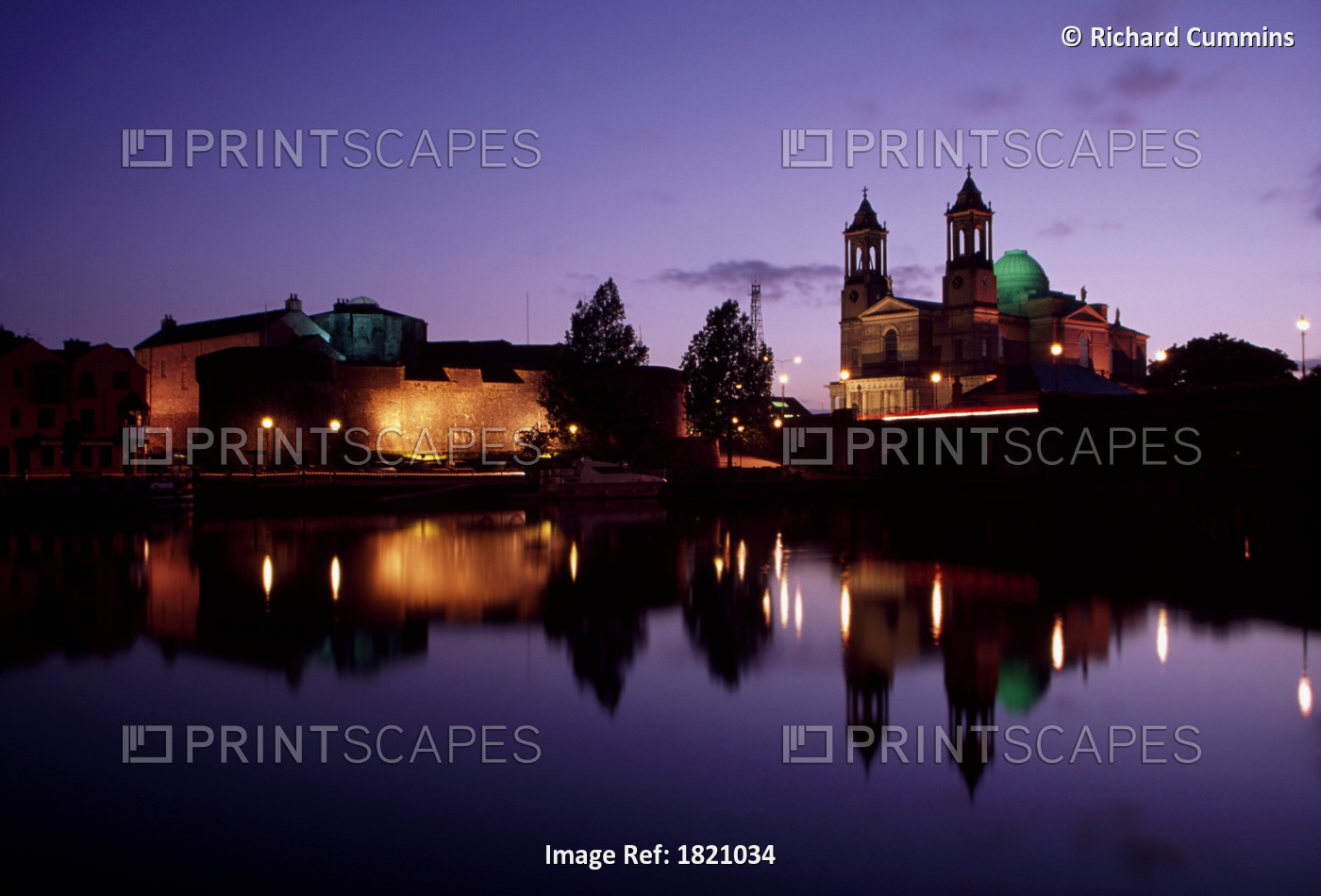 River Shannon, Athlone, County Westmeath, Ireland; Riverside Town At Night