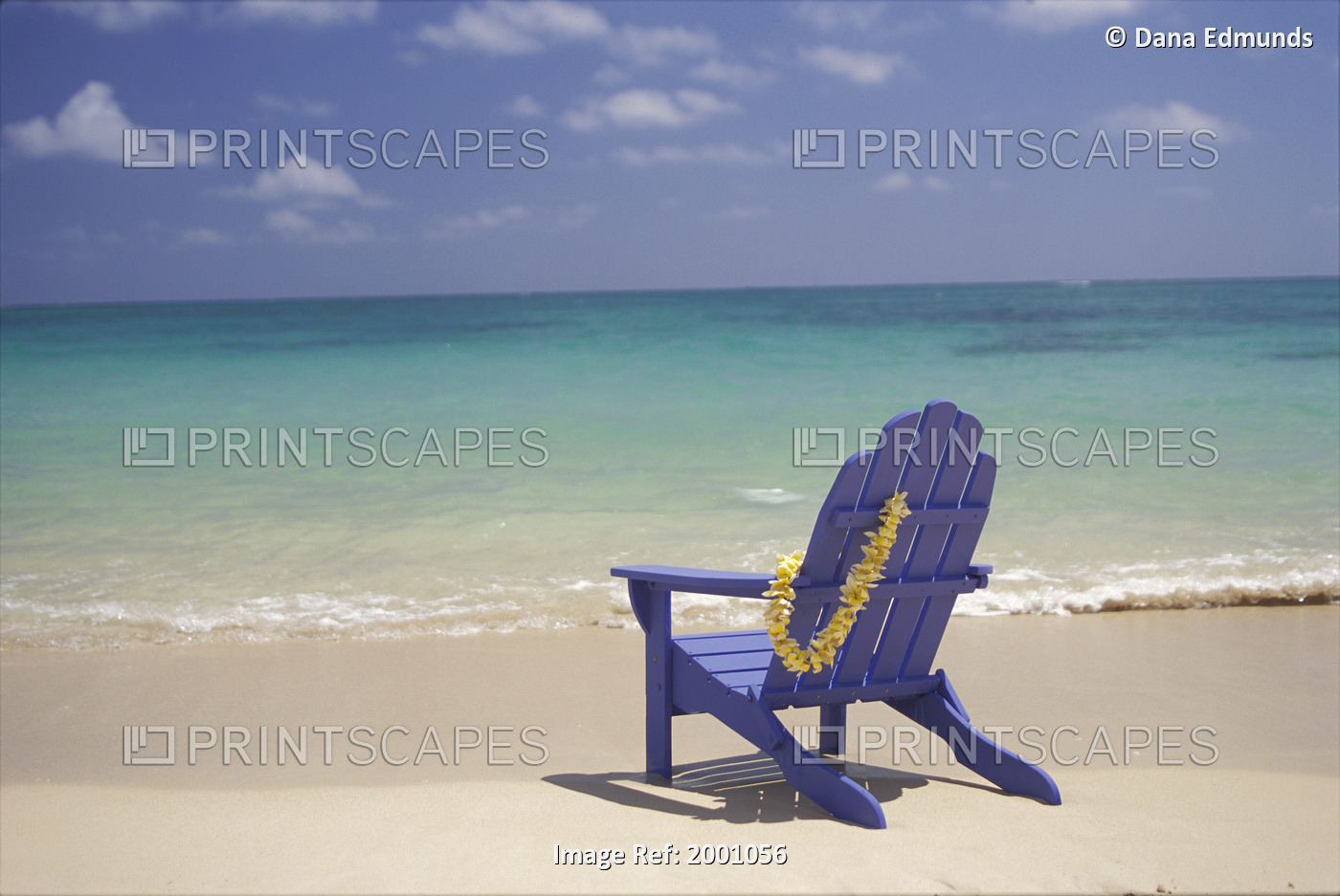 Plumeria Lei Hanging Over Blue Beach Chair Along Shoreline