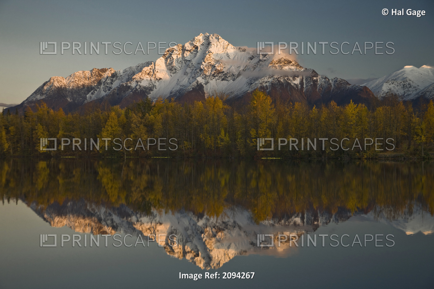 Scenic View Of Pioneer Peak Reflecting In Echo Lake At Sunset, Southcentral, ...
