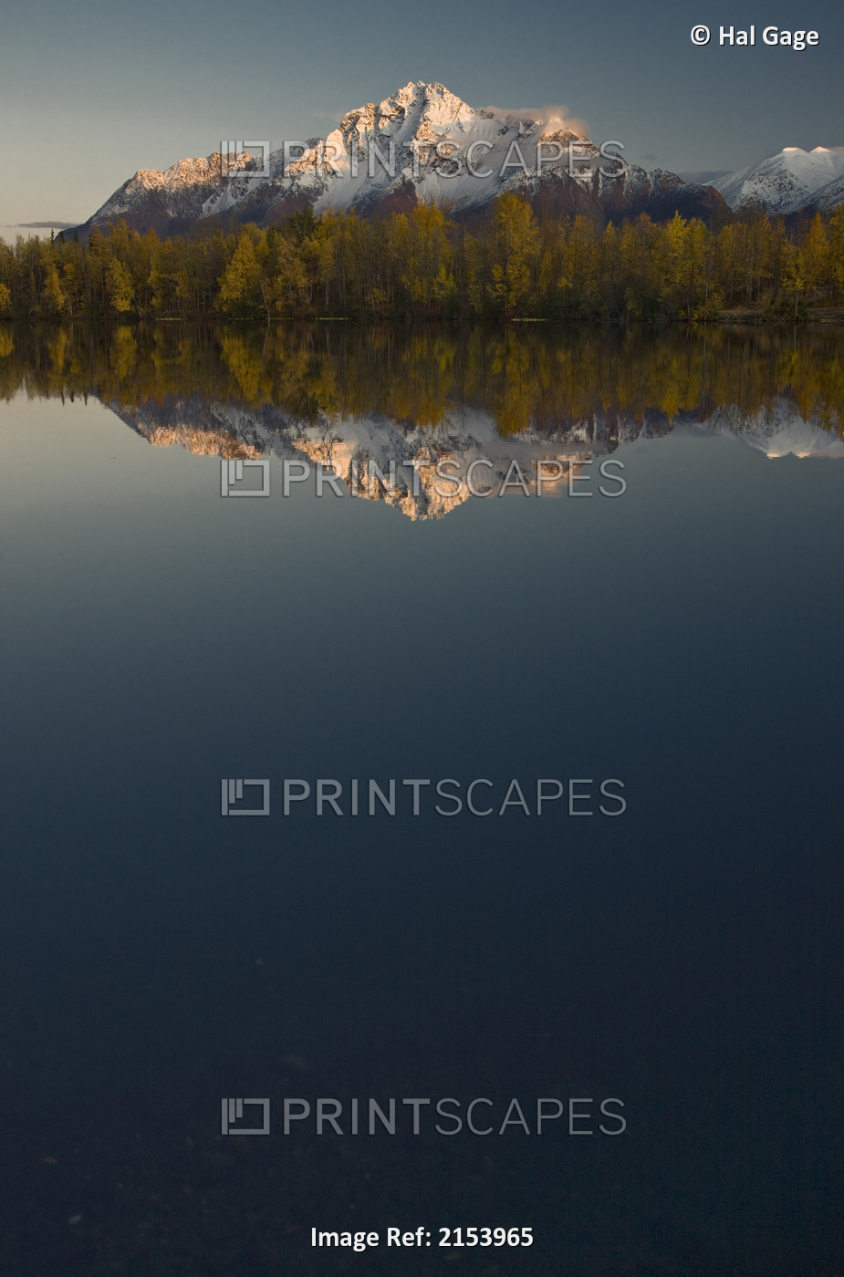 Scenic View Of Pioneer Peak Reflecting In Echo Lake At Sunset, Southcentral, ...