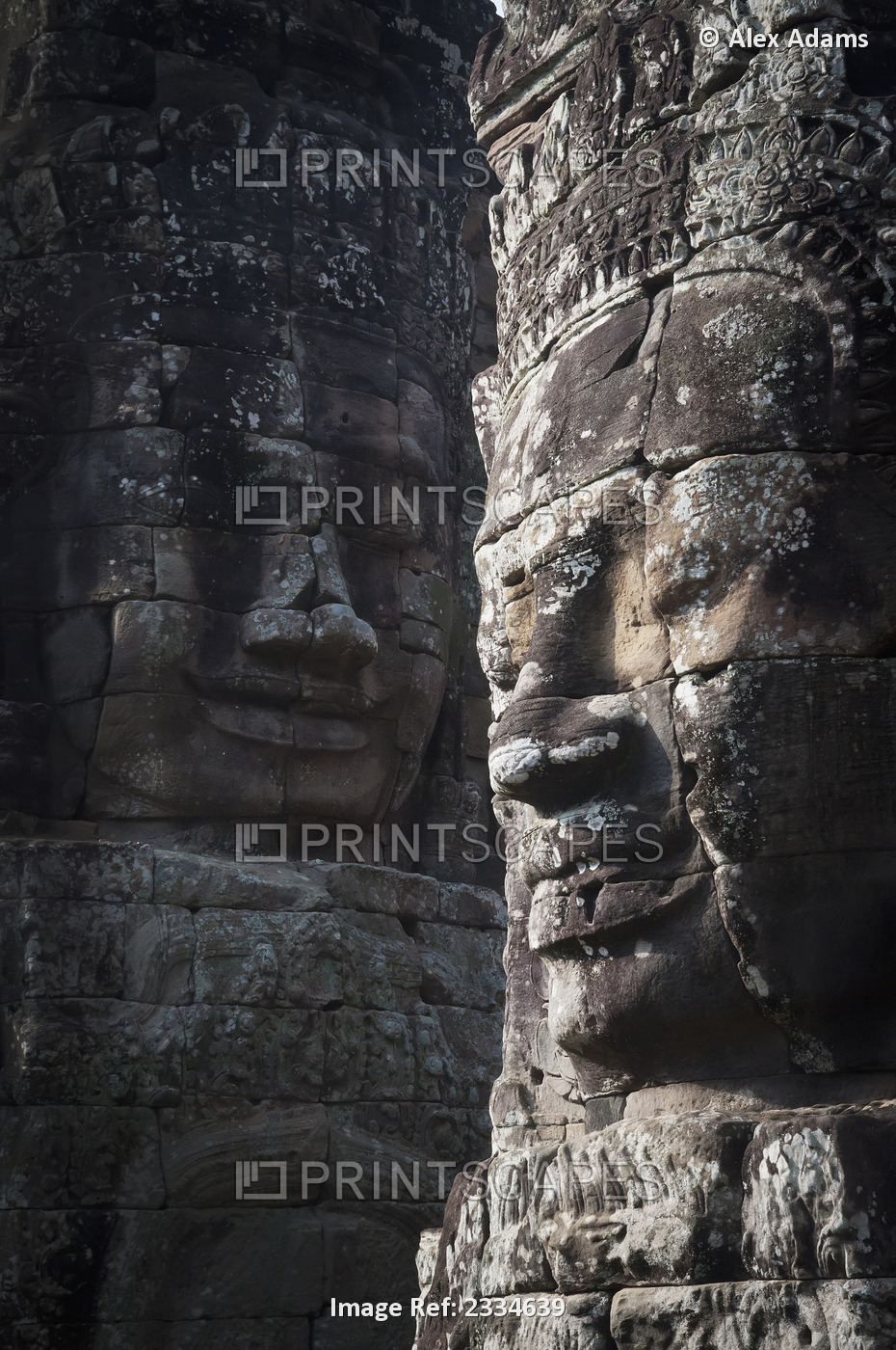Face sculptures on stone walls at angkor wat;Cambodia