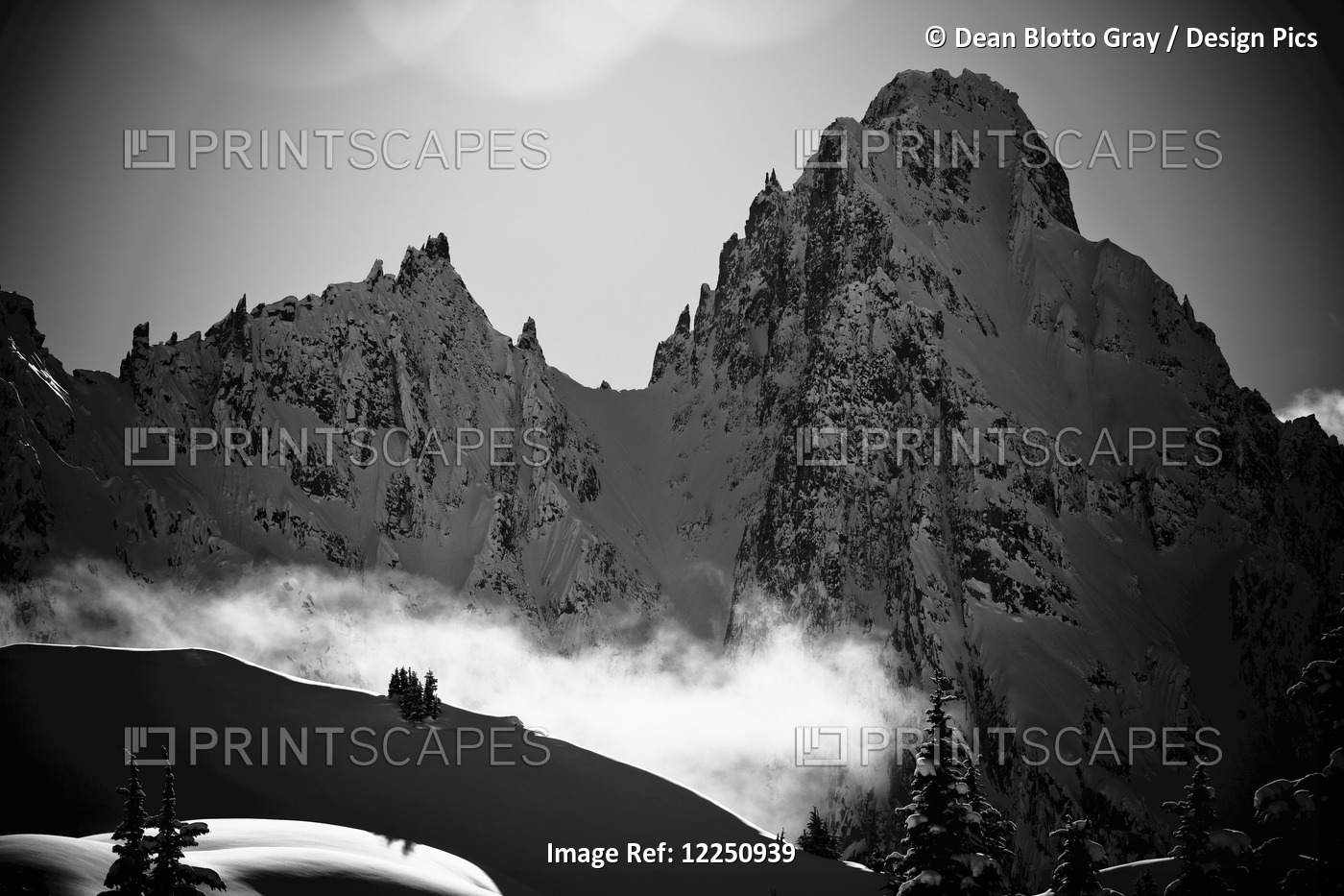 Black And White Scenic View Of Mountain Peaks Above Haines In Winter, Southeast ...