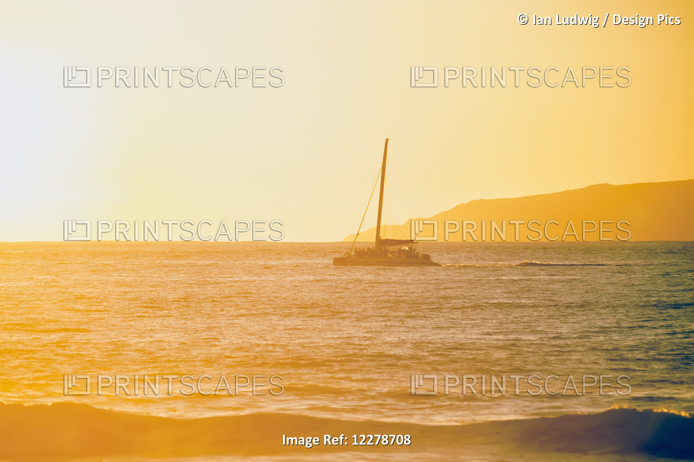 Golden Surf Visible From Barking Sands Beach With Catamaran Crossing The ...