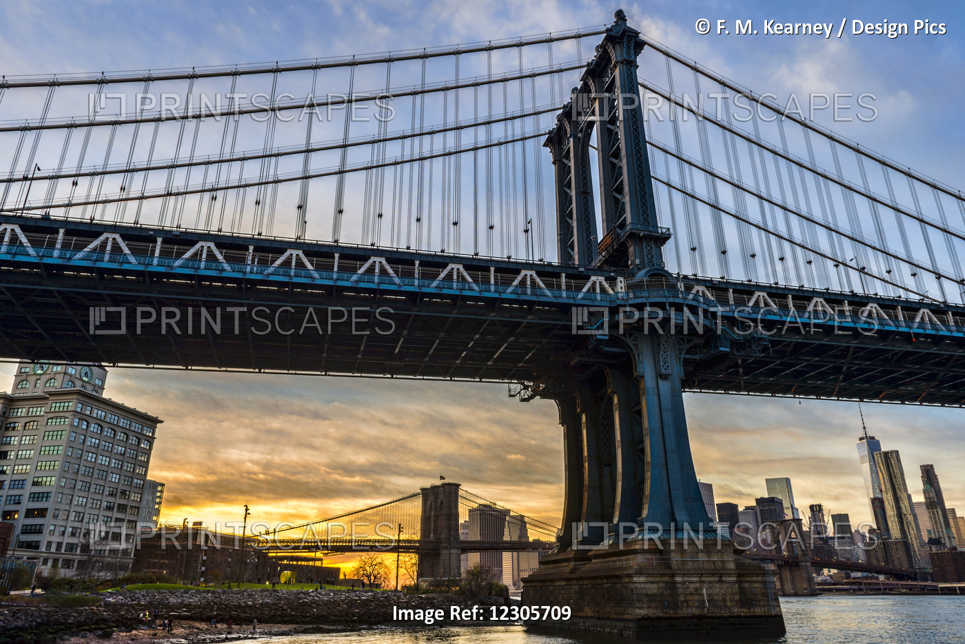 Manhattan And Brooklyn Bridges At Sunset, Brooklyn Bridge Park; Brooklyn, New ...
