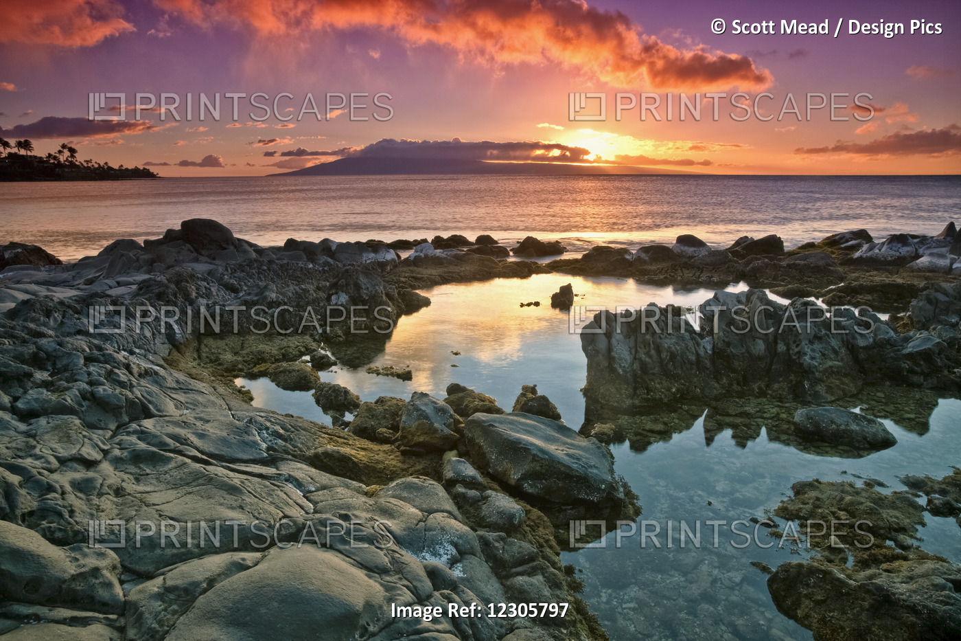 Sunset Reflected In The Tranquil Tide Pools Along The Coast; Hawaii, United ...