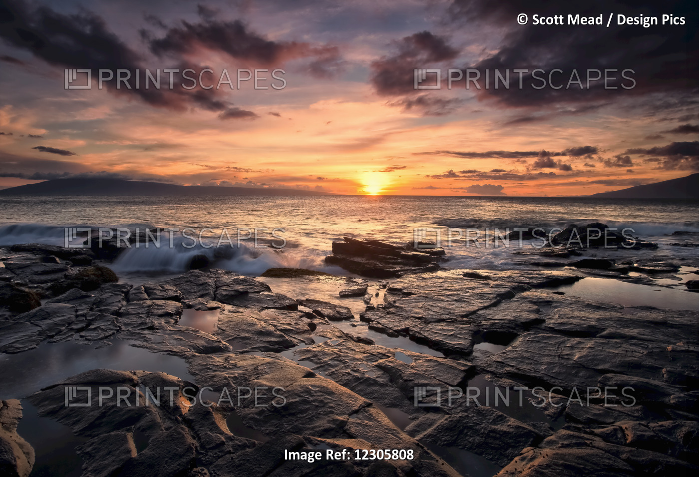Sunset Over The Ocean With Wet Black Rock Along The Shore; Hawaii, United ...