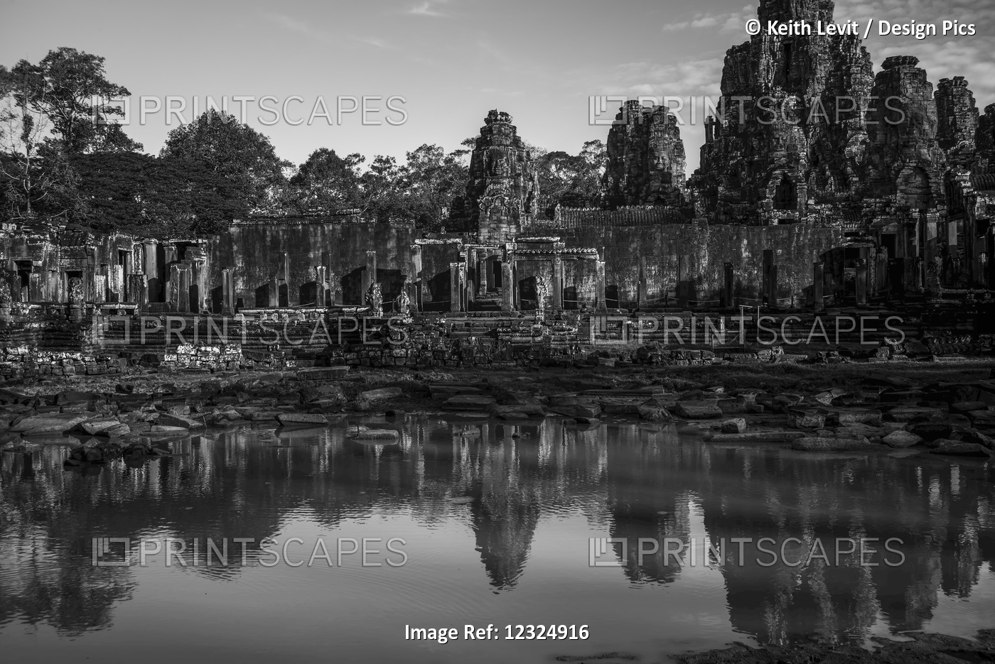 Bayon Temple Reflected In Water, Angkor Thom; Krong Siem Reap, Siem Reap ...