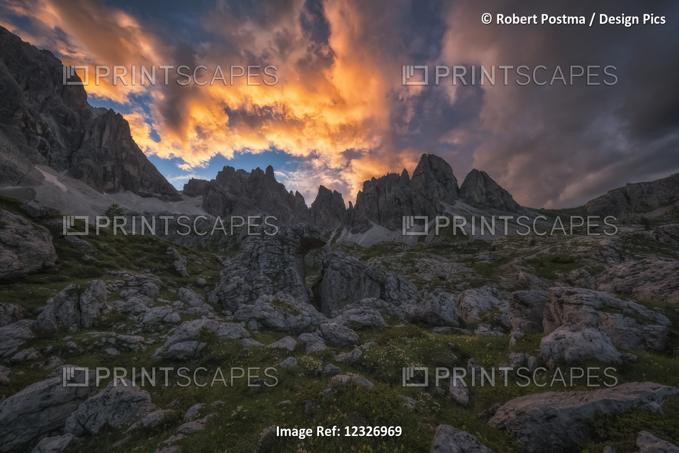Sunset Over The Dolomite Mountains Of Italy, With Beautiful Coloured Clouds; ...