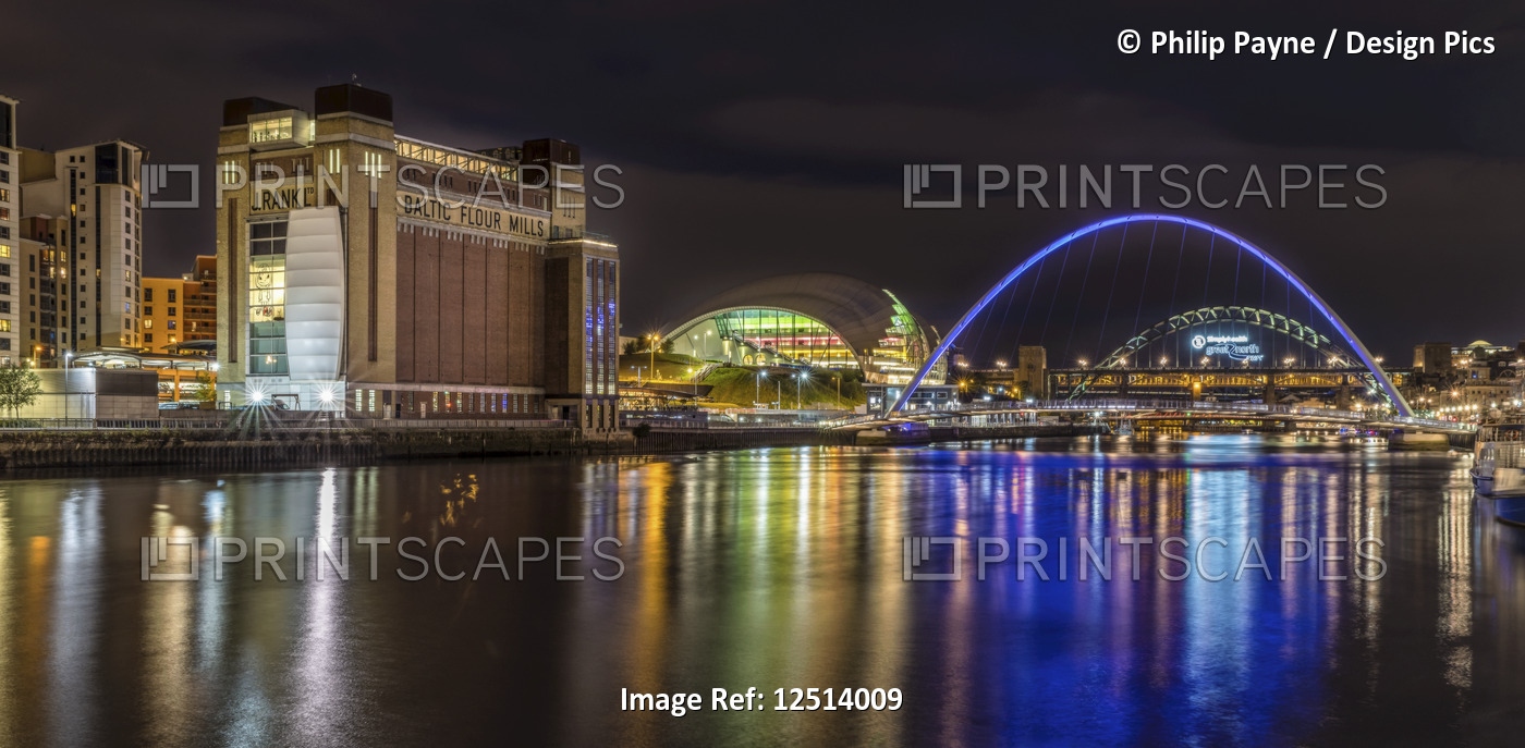 Reflections of Newcastle Gateshead quayside in the River Tyne; Gateshead, Tyne ...