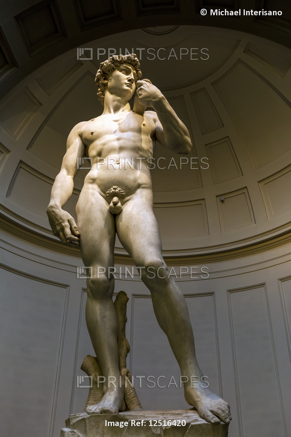Full-length of 'Michelangelo's David' sculpture with dome in the background; ...