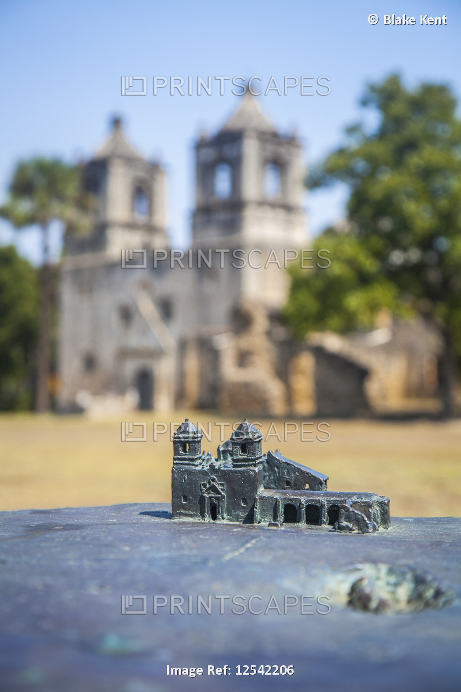 Small relief model of Mission Concepcion in front of real building, San Antonio ...