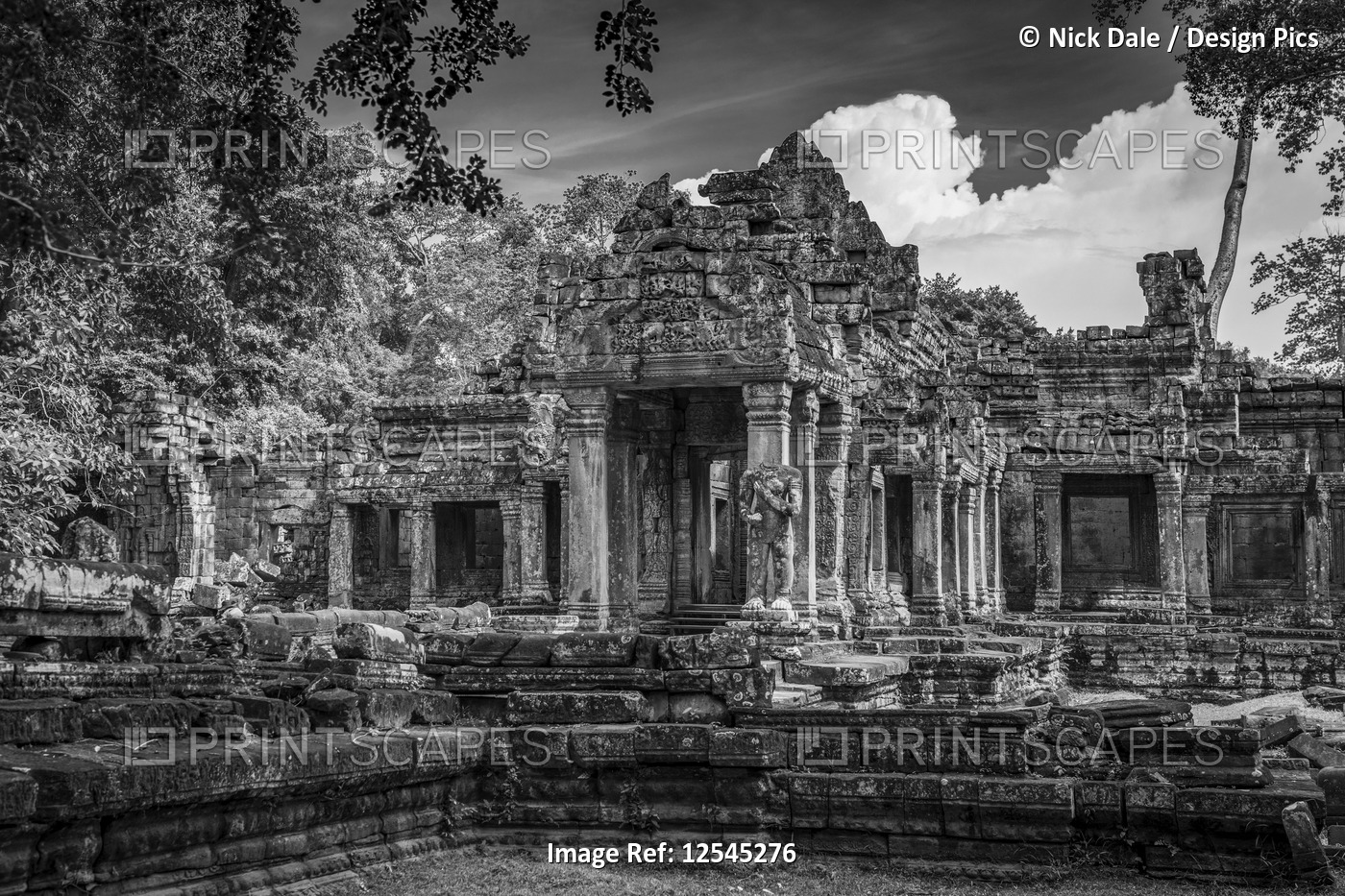 Monochrome facade of Preah Khan in trees, Angkor Wat; Siem Reap, Siem Reap ...