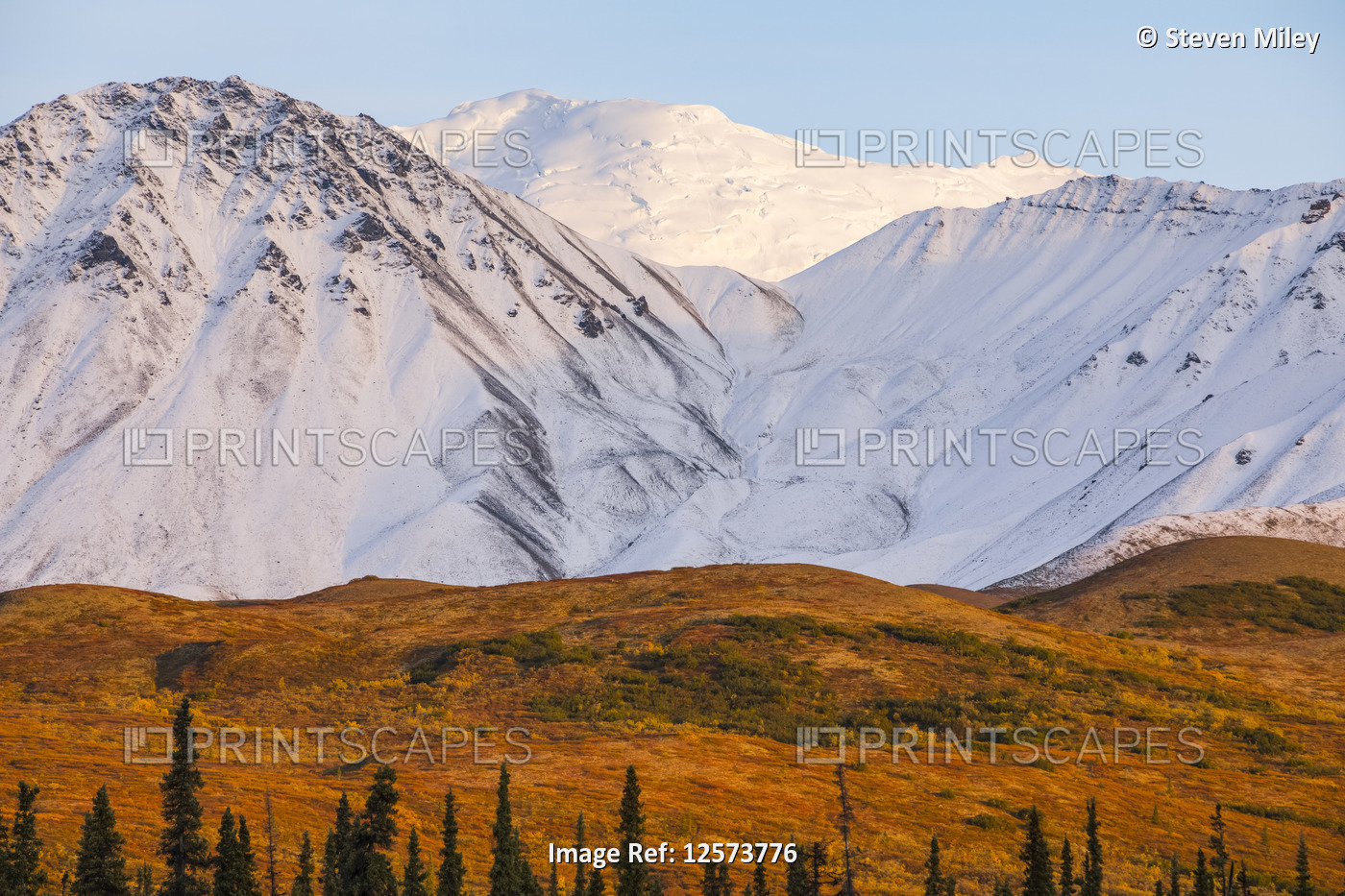Fresh snow coats the mountains in autumn in Denali National Park and Preserve; ...