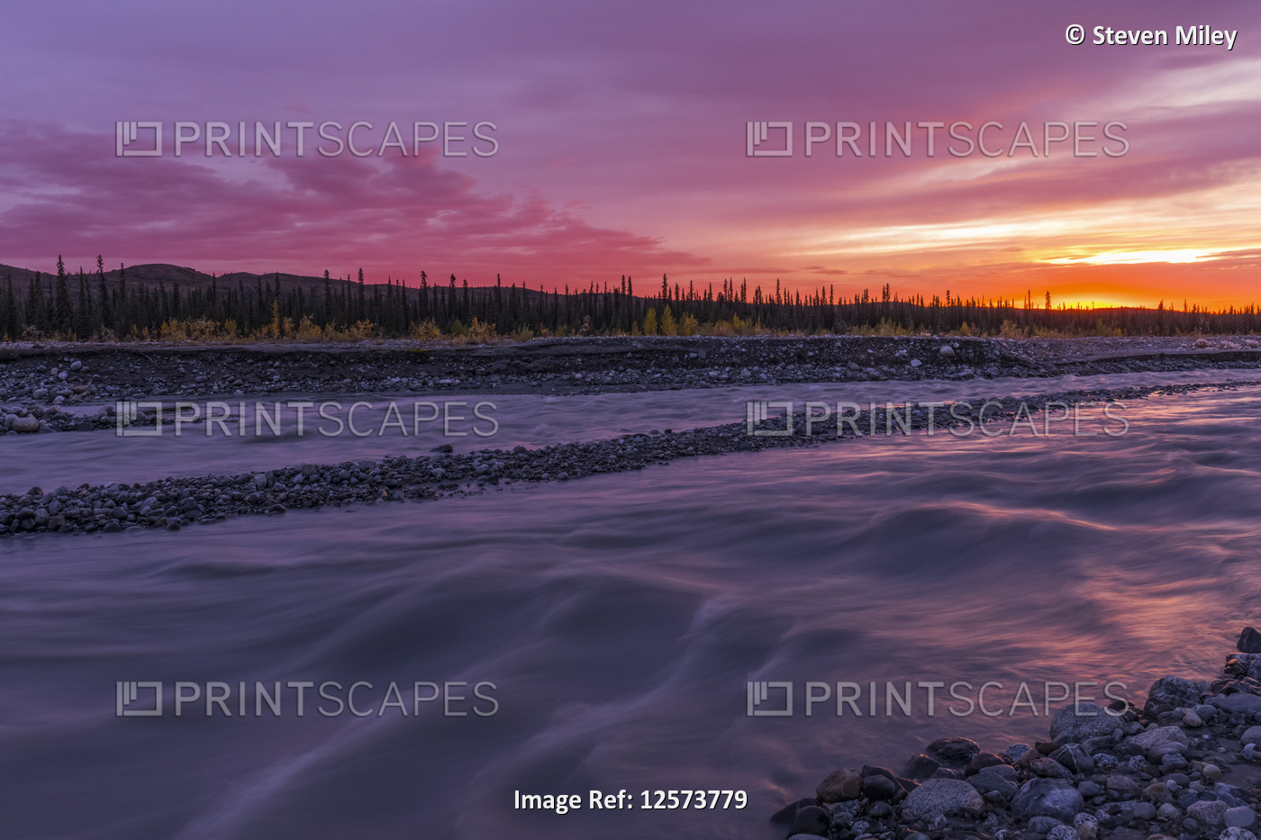 Sunset over the Muddy River in Denali National Park and Preserve; Alaska, ...