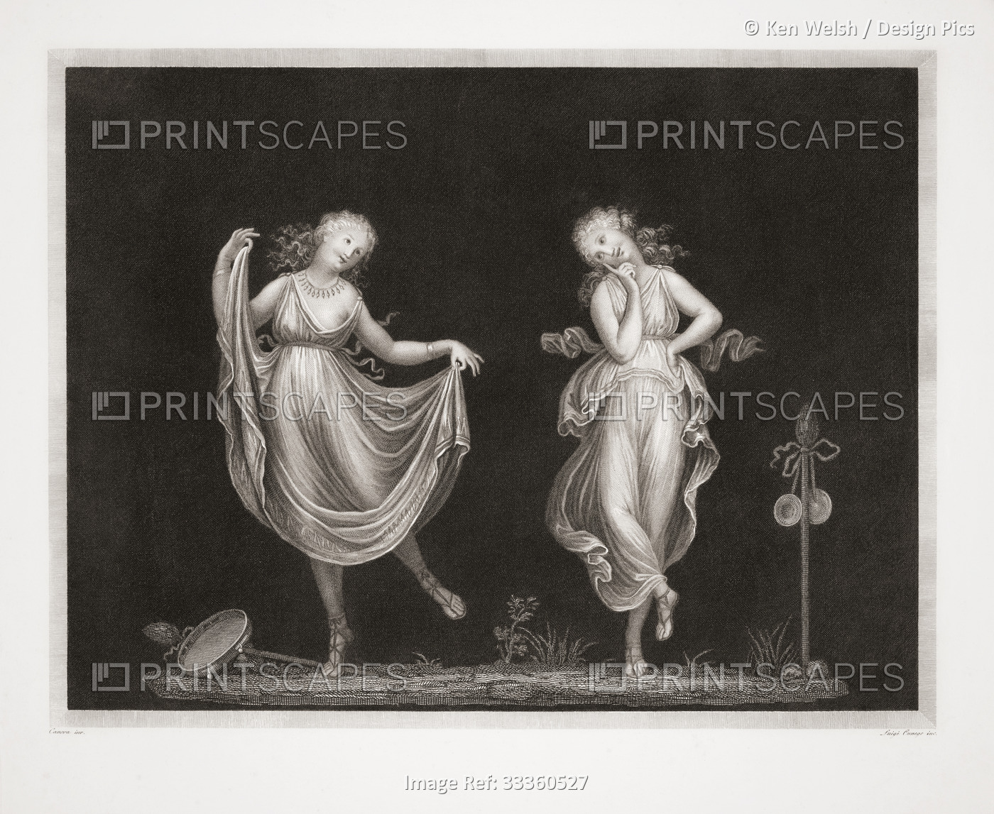 Two women in Grecian style dress dancing. From an early 19th century print ...