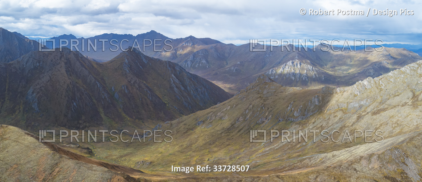 Panoramic aerial view of the Auston Pass along the Dempster Highway in Yukon, ...