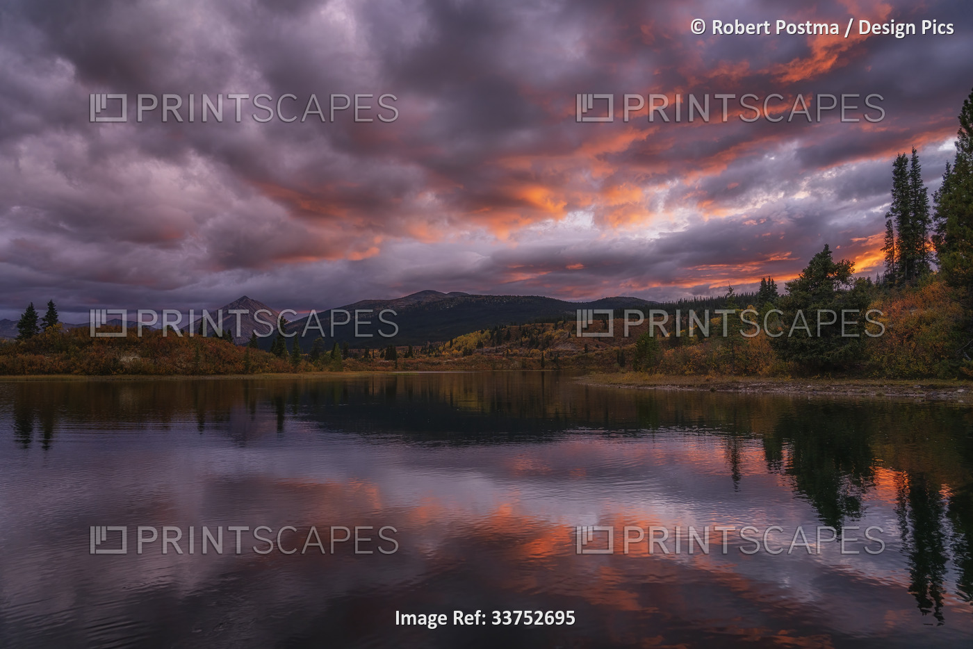 Sunset lights the clouds ablaze with colour over Rose Lake in the Yukon; Yukon, ...