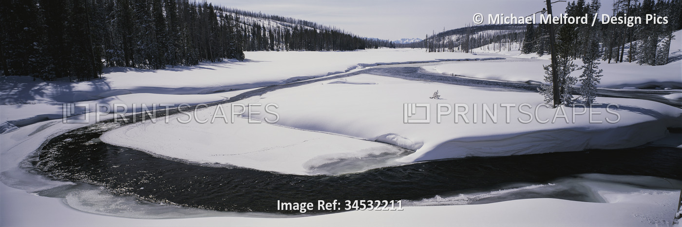 Winter panoramic of the Lewis River blanketed in snow in Yellowstone National ...