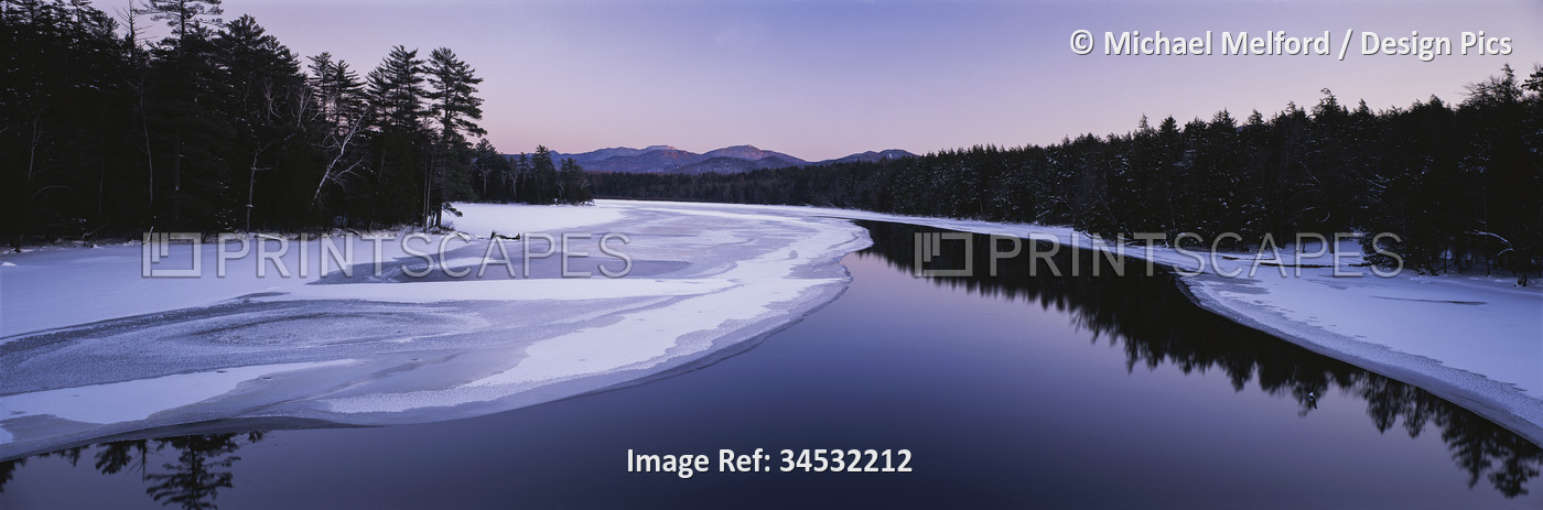 Twilight view of the second pond of the Lower Saranac Lake in the Adirondacks; ...