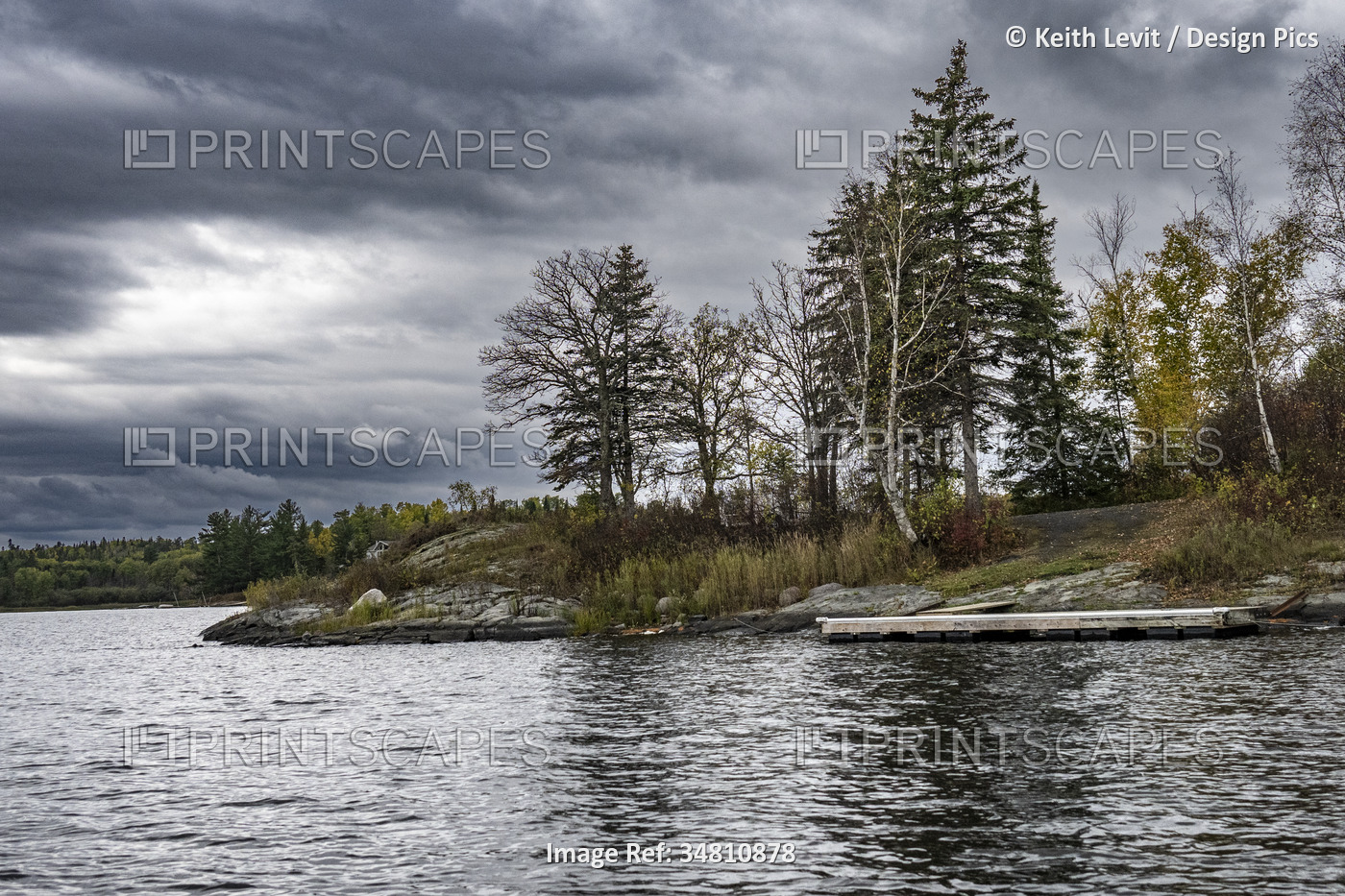 Dark overcast sky over a lakeshore in autumn; Lake of the Woods, Ontario, Canada